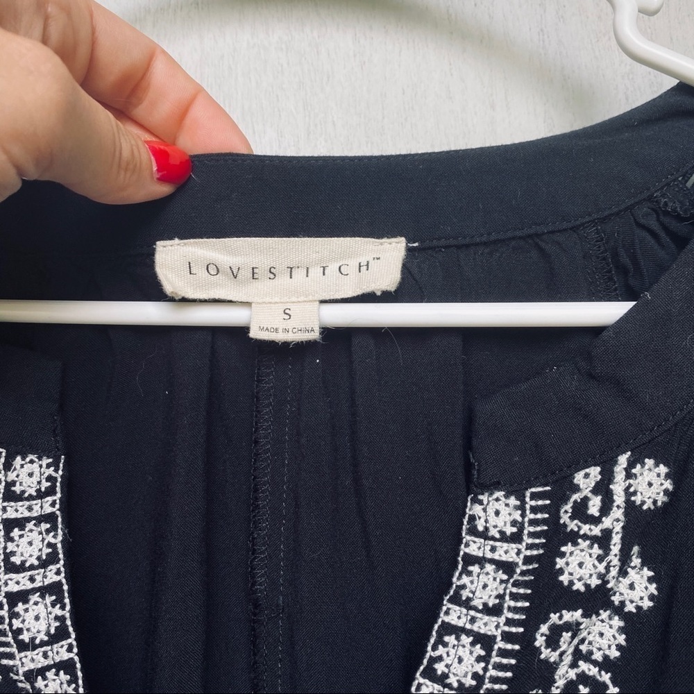 Lovestitch Black & White Embroidered Tunic with Tassels - Lace-Up V-Neck - Picture 5 of 8